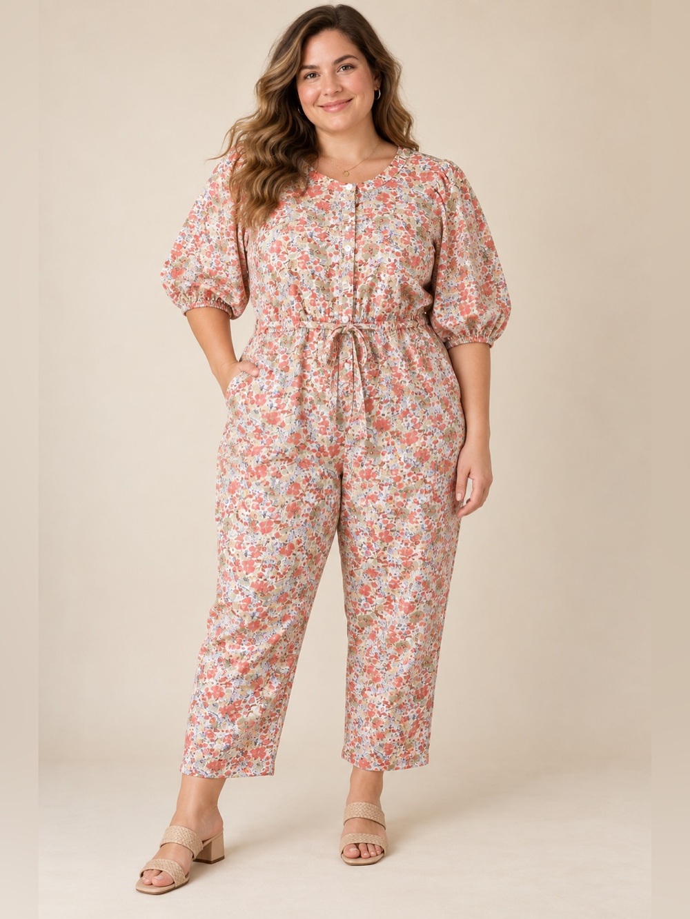 Ditsy Floral Cotton Jumpsuit Puff Sleeve 70s Prairie Peasant Cottagecore Size XL